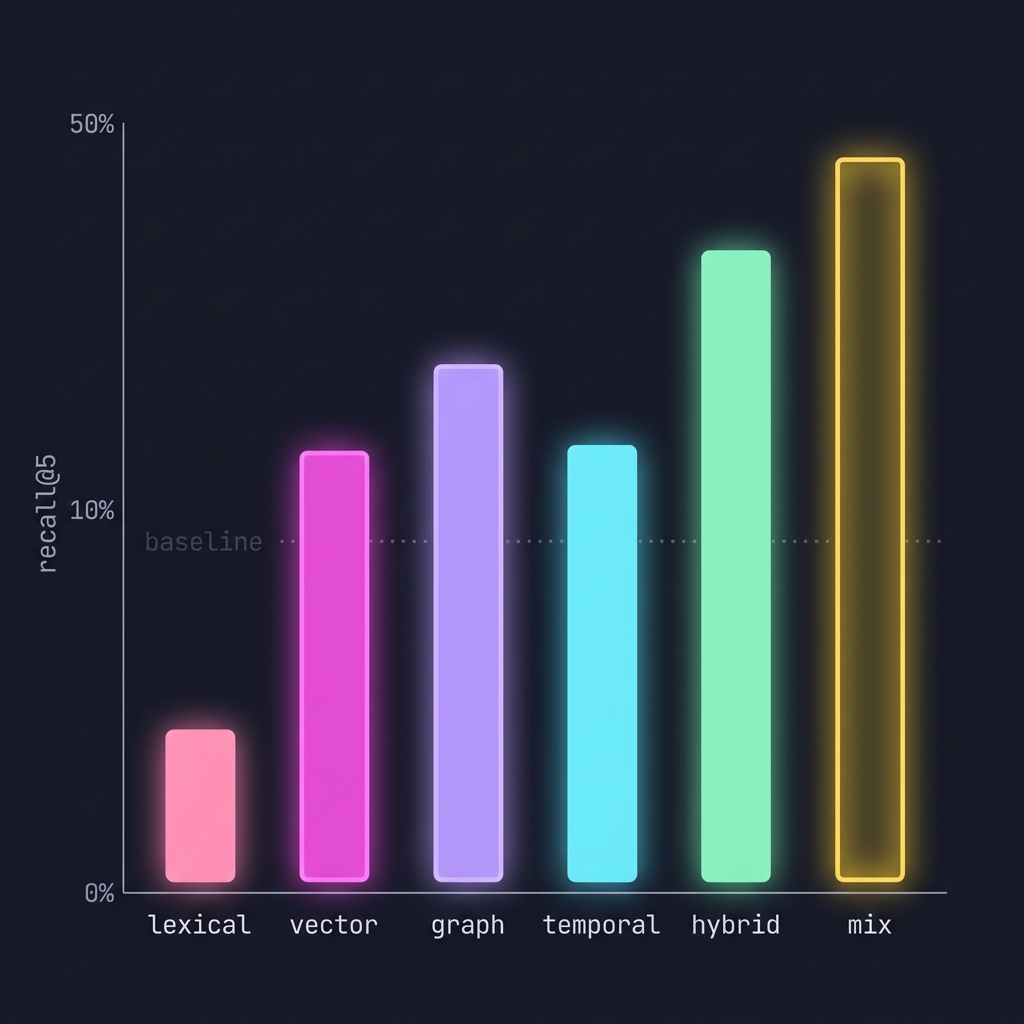 SEAM retrieval modes performance comparison: lexical, vector, graph, temporal, hybrid, mix